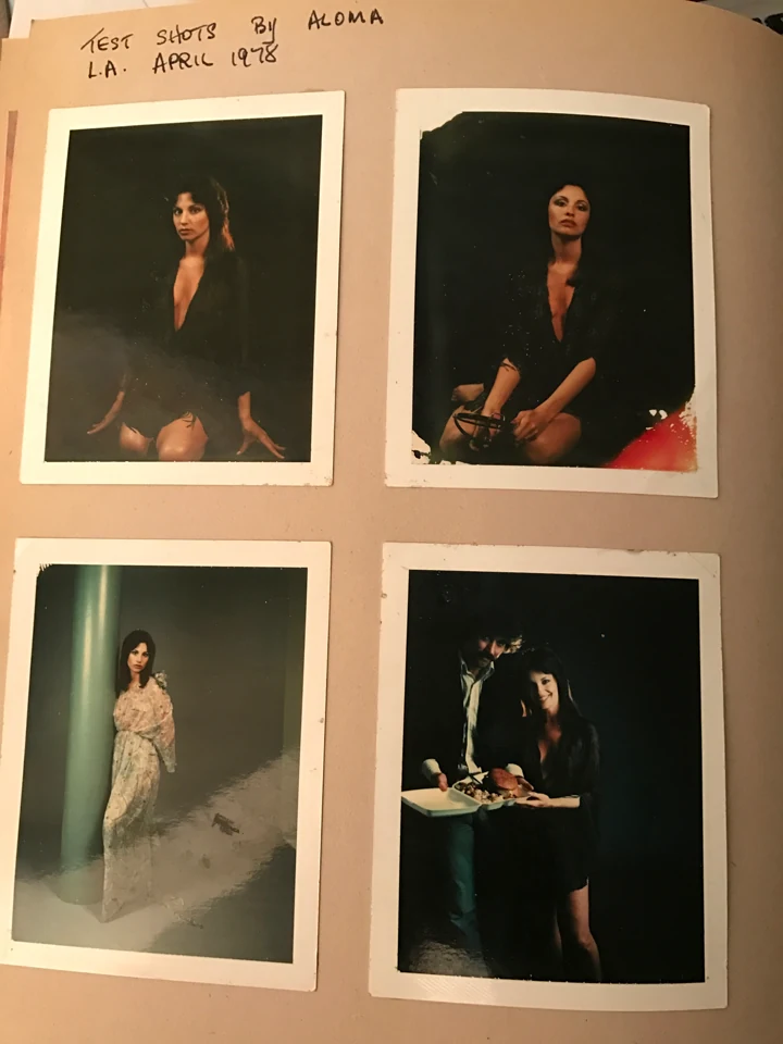 Archive page with four Denise McCann test photographs and a handwritten Aloma Los Angeles April 1978 caption