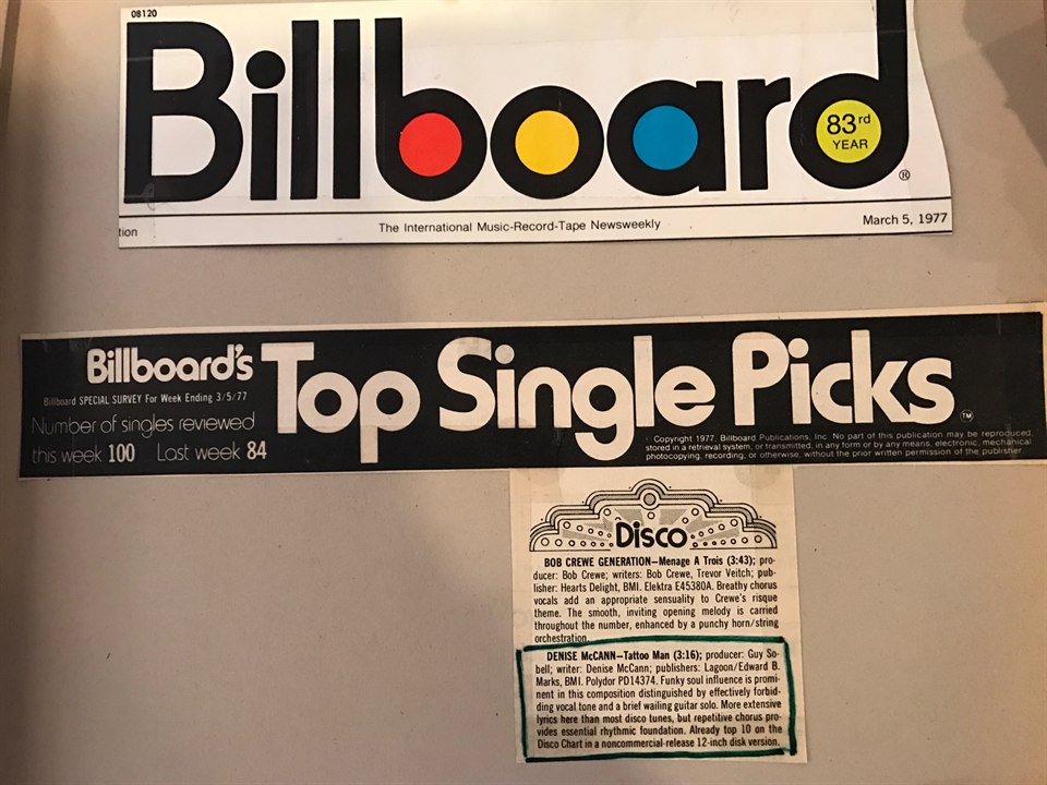 Billboard Top Single Picks clipping reviewing Denise McCann's Tattoo Man on March 5, 1977