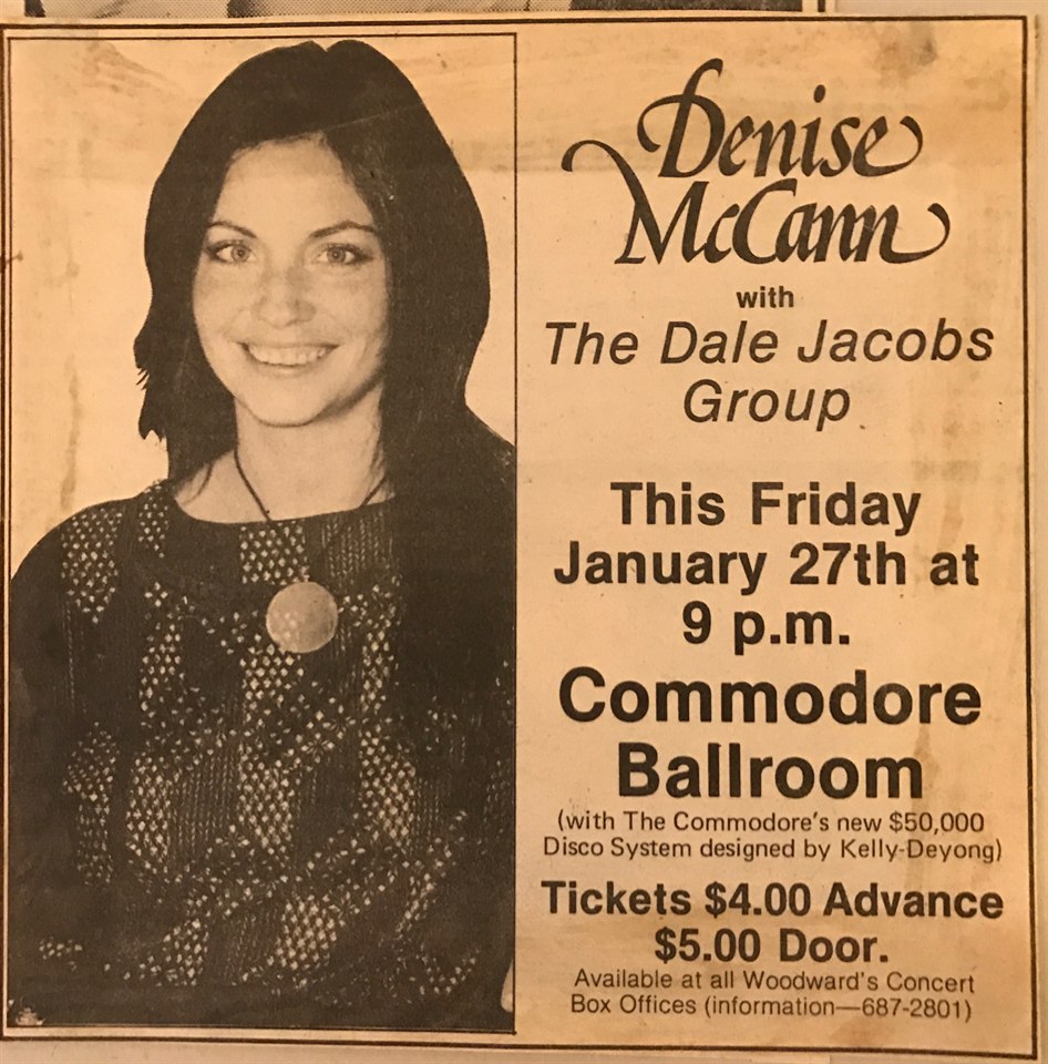 Advertisement for Denise McCann with the Dale Jacobs Group at the Commodore Ballroom