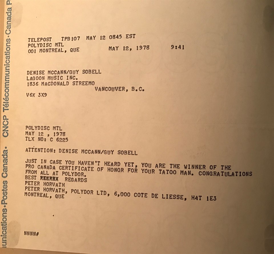 Polydor telegram dated May 12, 1978 congratulating Denise McCann and Guy Sobell