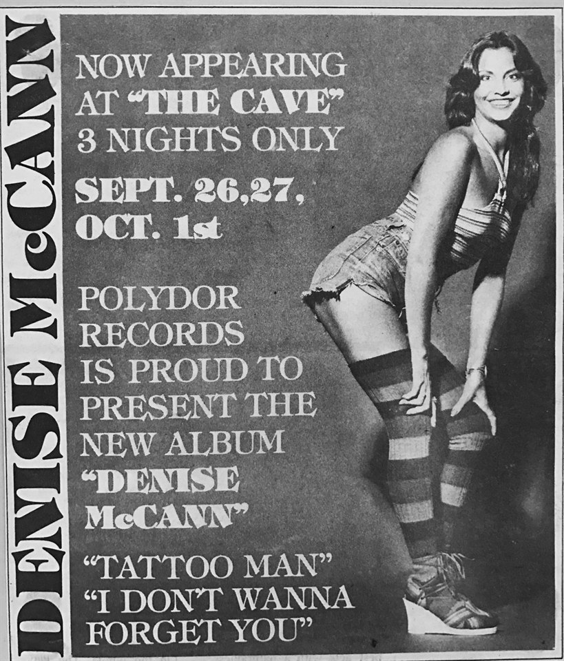 Polydor advertisement for Denise McCann at The Cave promoting Tattoo Man and I Don't Wanna Forget You